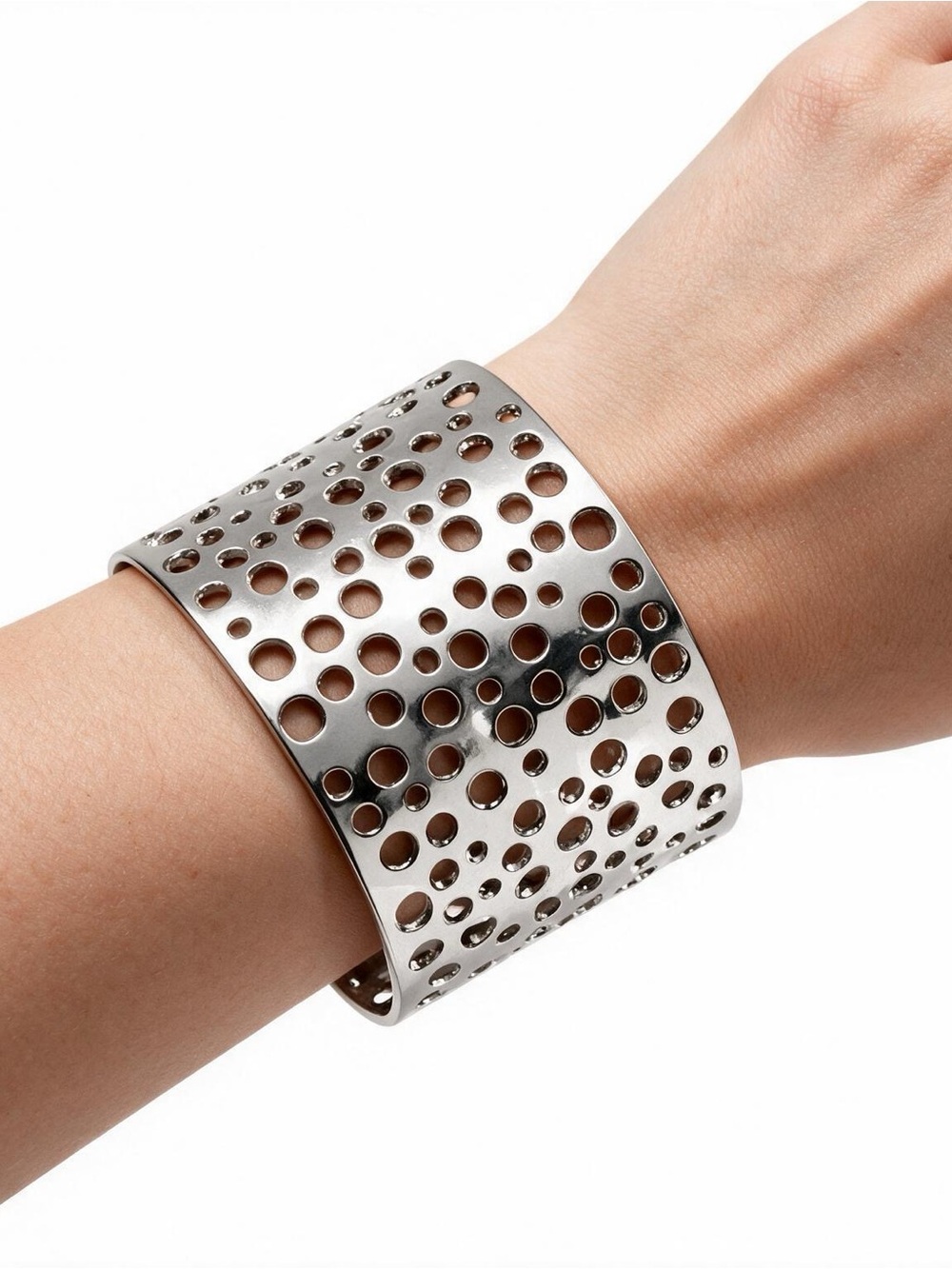 Polished Silver Perforated Cuff Bracelet for Women